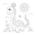 Cartoon dinosaur. Black and white linear image. Vector