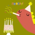 A cartoon dinosaur blowing out candles on a cake. Royalty Free Stock Photo