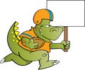 Cartoon dinosaur playing football and holding a large sign.