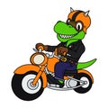 Cartoon dinosaur raptor riding motorbike. Biker dino with helmet and googles. Isolated on white background. For printing Royalty Free Stock Photo