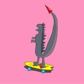 Cartoon dinosaur rides on skateboard. Tyrannosaur skateboarder. design vector illustration.