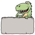 Cartoon dinosaur with rock sign