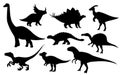 Cartoon dinosaur set. Cute dinosaurs icon collection. Black silhouette predators and herbivores. Flat illustration isolated