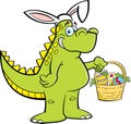 Cartoon dinosaur wearing rabbit ears and holding an Easter basket.