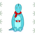 Cartoon dinosaur wearing a scarf holding a cup of hot tea, coffee. Hand drawing. Vector illustration. Christmas card.