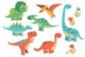 Cartoon dinosaurs. Baby dino prehistoric animals. Cute dinosaur, jurassic period animal stegosaurus brachiosaurus, trex Royalty Free Stock Photo