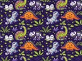 Cartoon dinosaurs in costumes of a pumpkin, a zombie, a skeleton and a vampire. Stylish graphics for children`s design