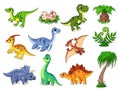 Cartoon dinosaurs. Cute dino, dinosaur and palm. Color wildlife characters, prehistoric predator. Funny baby animals