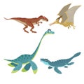 Cartoon dinosaurs set. Allosaurus, Plesiosaurus, Pteranodon and Mosasaurus. Land, flying and aquatic dinosaurs collection. Vector Royalty Free Stock Photo