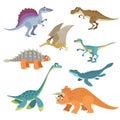 Cartoon dinosaurs set. Cute dinosaurs collection in flat funny style. Predators and herbivores prehistoric wild animals. Vector il Royalty Free Stock Photo