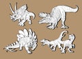 Cartoon dinosaurs set. Realistic dinosaurs collection. Colored predators and herbivores. coloring page, hand drawn Royalty Free Stock Photo
