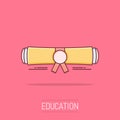 Cartoon diploma rolled scroll icon in comic style. Graduate scroll sign illustration pictogram. Education business concept