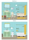 Cartoon Dirty Organized and Clean Bathroom for Cleaning Room Service Card Poster. Vector