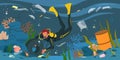 Cartoon dirty underwater scenery with man collecting garbage, car tire, plastic bottle and paper box background. Scuba