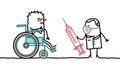 Cartoon Disabled Old Man in a wheelchair with Nurse and Syringe
