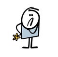 Cartoon disgruntled boy holds a flower in his hand and waits for his girlfriend.