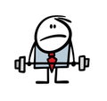 Cartoon disgruntled businessman in a business suit cannot lift a heavy barbell.