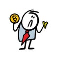 Cartoon disgruntled businessman in a business suit changes the bitcoin cryptocurrency to the animal currency dollars.