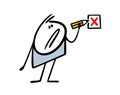 Cartoon disgruntled stickman holds a pencil and draws a red cross, expresses disagreement. Vector illustration of stick