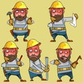 Cartoon disgruntled worker in the helmet in various poses