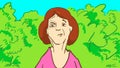 Cartoon Dissatisfied senior woman in the park a summer day. Portrait.