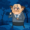 Cartoon distressed man in a suit in the night forest