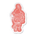 cartoon distressed sticker of a girl regretting a mistake wearing santa hat