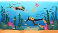 Cartoon divers under water. People with scuba gear and oxygen tanks are engaged in diving. Ocean sport. Extreme hobby