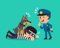 Cartoon doberman dog helping policeman to catch thief
