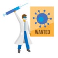 Cartoon doctor with big syrenge show Wanted poster with virus Royalty Free Stock Photo