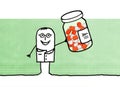 Cartoon doctor with bottle of medicine capsules