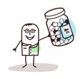 Cartoon doctor with bottle of medicine capsules