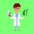 Cartoon doctor, gall bladder and medicine. Healthcare concept.