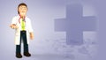 Cartoon doctor giving a pill, isolated on a purple background with medical cross and pills 3d rendering Royalty Free Stock Photo