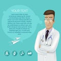 Cartoon doctor in glasses with place for text. Vector