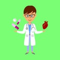 Cartoon doctor, heart and medicine. Healthcare concept.