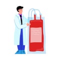 Cartoon doctor holding blood transfusion bag from donor donation
