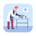 Cartoon doctor injects dog on couch flat style illustration