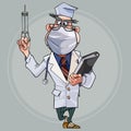 Cartoon doctor in medical mask with folder and syringe in hand Royalty Free Stock Photo