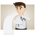 Cartoon doctor reading patient information and diagnose