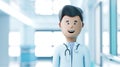 Cartoon doctor with stethoscope stands in the hospital on blurred background