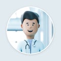 Cartoon doctor with stethoscope stands in the hospital on blurred background