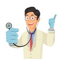 Cartoon doctor using stethoscope.