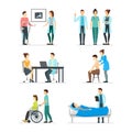 Cartoon Doctors and Patients Characters Icon Set. Vector