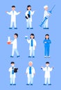 Cartoon doctors set vector for web, app. Therapist, surgeon, scientist are shown. Nurse is carrying large syringe. The