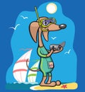 Cartoon dog character in swimming suit with camera