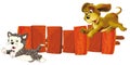 Cartoon dog chasing cat over the fence friends illustration