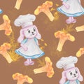 Cartoon dog chef cooks mushroom julienne. A painted animal in a chef\'s hat.