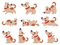 Cartoon dog. Cute dogs in daily routine eating, jumping wiggle and sleeping, running and barking, different poses pet