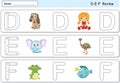 Cartoon dog, doll, elephant, emu, frog and fish. Alphabet tracing worksheet Royalty Free Stock Photo